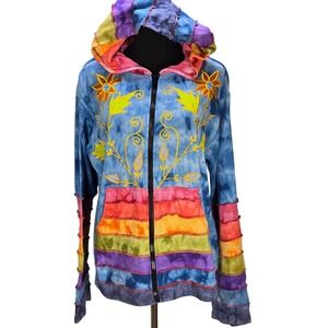 Women's VTG Rising International Lg Zip Tie Dye‎ Hoodie Embroidered Hippie Boho